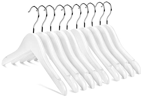 Nature Smile Kids Baby Children Toddler Wooden Shirt Coat Hangers with Notches and Anti-Rust Chrome Hook Pack of 10 (White)