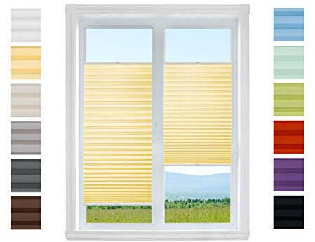 Plissee Rollo NACH MAß Klemmfix ohne Bohren - TOP QUALITÄT Pearl Stoffkollektion | Easyfix klemmträger Faltrollo Jalousie Sichtschutz, Sonnenschutz für Fenster (Gelb, B: 51-60cm, H: 91-110cm)