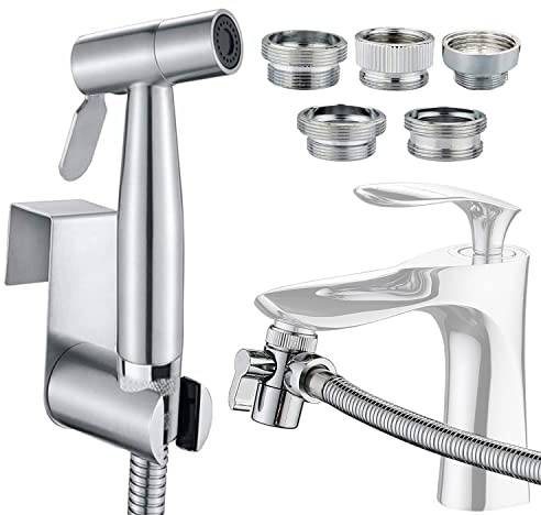 Hand-Bidet-Sprayer WC-Set, Edelstahl, muslimische Dusche und Baby-Tuchwindel-Sprüh-Set – mit Wasserhahn-Splitter, Schlauch und Anschluss an Toilette oder Wandhalterung