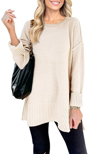 MEROKEETY Women's 2025 Fall Winter Oversized Pullover Sweater Casual Loose Crew Neck Long Sleeve Side Split Jumper Tops,Beige,M