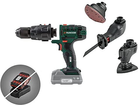 Kompernass Parkside Parkside 20V 4in1 Cordless Combination Tool Drill/Driver, Multi-Sander, reciprocating Saw and Multifunctional Device Quick, Tool-Free Attachment Change Non-Slip Soft Grip