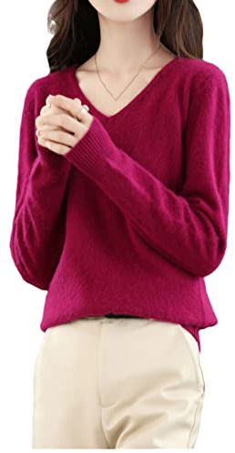 Suéter de cachemira con cuello en V para mujer, jersey holgado básico de punto, top color burdeos