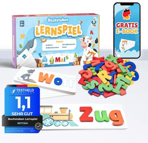 NIYYAH Buchstaben Lernspiel ABC Montessori ab 4 5 6 Jahre Schreiben & Lesen Lernen inkl E-Book Vorschule Schulanfänger 1. Klasse Geschenk Einschulung für Kinder Mädchen Junge (Holz)