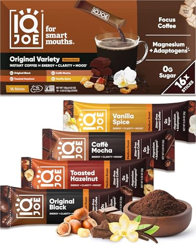 IQJOE Mushroom Coffee Packets - Variety Pack | 16 Stick Packs | Lion's Mane, Magnesium L-Threonate, Adaptogens | Instant Coffee for Jitter-Free Focus, Clarity & Energy | Keto, Vegan, Zero Sugar