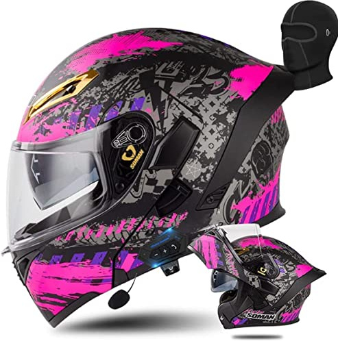 Casque De Moto Bluetooth Intégré,Double Visiere Casque De Integral Homme Femme Homologué ECE Double Haut-Parleur Intégré Casque Modulable De Moto Casque Scooter