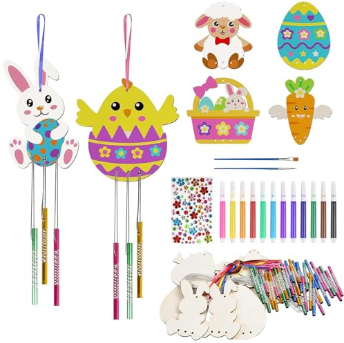 Ainiv 12 Stück Ostern Basteln, Ostern Windspiel Bastelset Osterdeko Basteln | Holz DIY Anhänger Ostern Hase Küken Handwerk Set, Osterdeko Frühling mit Stift Glocke Schnur