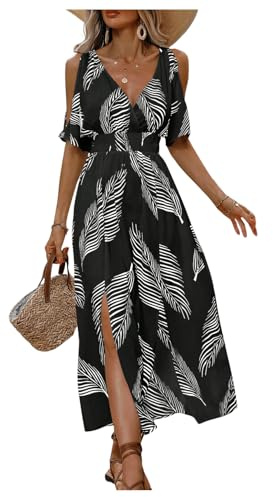 Verdusa Women's Summer Vacation Beach Dress Hawaiian Maxi Dresses Tropical Cold Shoulder Sundress Cruise Outfits 2026 Black and White Large