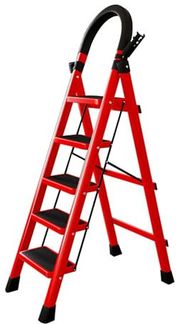 5 Step Ladder Lightweight Step Stool Portable Folding Extension Ladder Steel Ladder with Anti-Slip Pedal, Tool Holder and Handrail Multi-use for Home Kitchen & Office(Red)