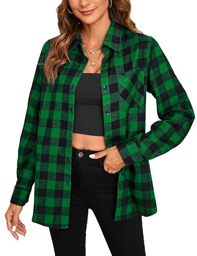 Stamain Kariertes Flanellhemd Damen Casual Grün Karohemd Langarm Baumwolle Karierte Bluse Regular Fit L