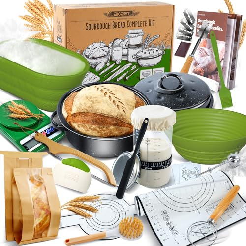 Sauerteig Brot Bakset mit hochwertigem Emaillepott und Gärkorb Brot Natur Roggenbrot Gärkorb Set Gärkorb Rund, Handgebacken Brotbackset, geeignet für Hobbybäcker und Sauerteig Brot Liebhaber (Grün)