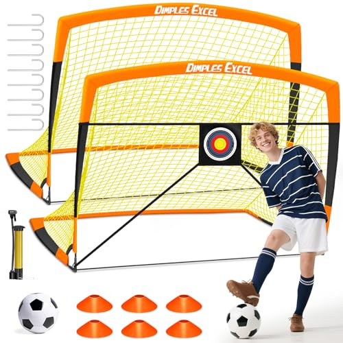 Dimples Excel Porta da Calcio Pieghevole – 2 Porta Arancione Nero 213x152cm | Con Pallone, Bersaglio, Pompa e Coni | Perfetta per Bambini, Allenamento e Regalo