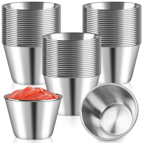 Akamino 60Pcs Stainless Steel Condiment Sauce Cups, Small Sauce Dipping Bowls, Metal Spices Pots Portion Cups for Barbecue Restaurant Home Party (2.2 oz/65 ml)