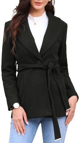 Allegra K Single Breasted Coat for Women's Shawl Collar A Line Outerwear Winter Jacket Pea Trench Coats with Belt