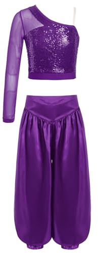 ranrann Enfant Fille Costume Danse Orientale Haut Une Epaule Paillette avec Pantalon Sarouel Robe Danse du Ventre Ensemble Tenue Belly Dance Spectacle