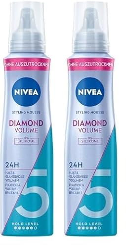 NIVEA Diamond Volume Schaumfestiger, pflegender Haarschaum mit Hitzeschutz, Panthenol & Vitamin B3, Haarfestiger für glänzendes Volumen mit 24h Halt (Haltestufe 5), Styling Mousse (150 ml)