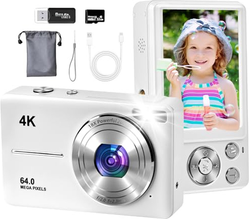 4K Digital Camera, Autofocus 64MP Vlogging Camera with 32GB TF Card, 2.8'' LED Screen, 18X Zoom, Anti-Shake, Large Battery, Portable YouTube Compact Digital Camera for Kids Teens Adult Beginner