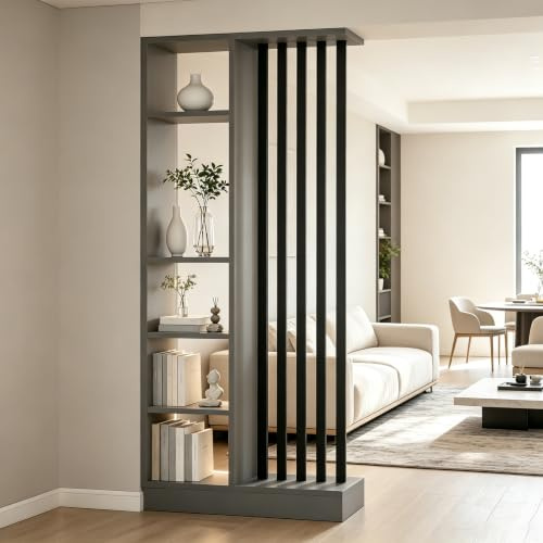 Wrtsxe Room Divider with Storage Shelf (Black+Gray, 80cm)