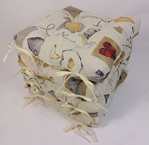 Rattani - Set 4 x Stuhlkissen/Sitzkissen Klara 42 x 42 cm Dicke 8 cm, Stoff Mirha Leinen Love - Made in EU