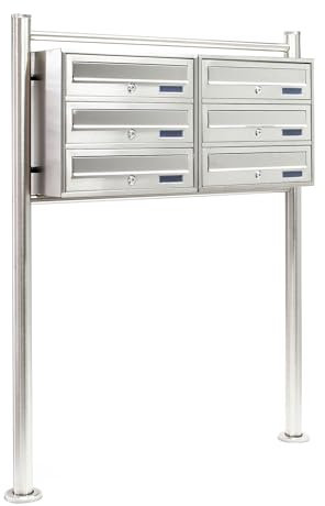 Wiltec 6er Briefkastenanlage Edelstahl 945 x 270 x 1200 mm, Standbriefkasten mit 2x3 Fächern, Schlüssel und Namensschild, Briefkasten Postkasten mit Ständer