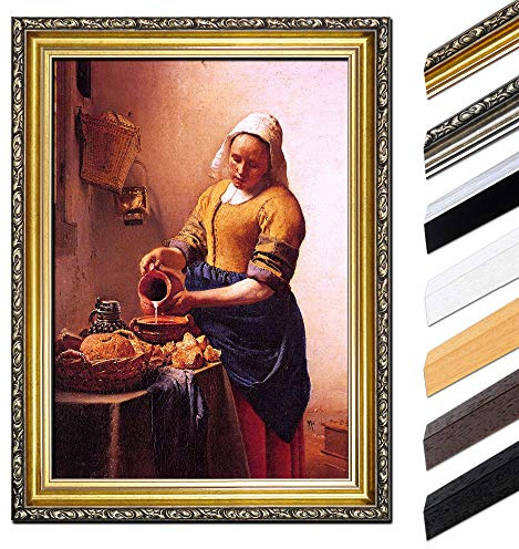 Bilderdepot24 Bild mit Rahmen - Jan Vermeer Dienstmagd mit Milchkrug 40x50 cm - Gerahmtes Leinwandbild Alte Meister - Antiker Rahmen Gold Barock, Klassisch