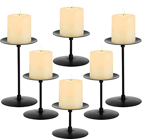 Elsjoy Set of 6 Black Pillar Candle Holders, Metal Pillar Candle Stand Fireplace Candelabras Set for Home Decor, Table Centerpiece, Wedding, 3 Sizes