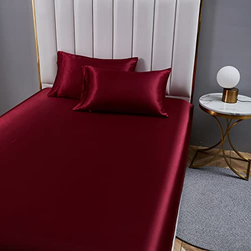 Spannbettlaken 100x200 Satin Bettlaken Boxspringbett Topper Frottee Rot Weinrot Glänzend Seide Spannbetttuch Leintuch Uni Muster Spannleintuch für Hohe Matratze bis 25-30 cm