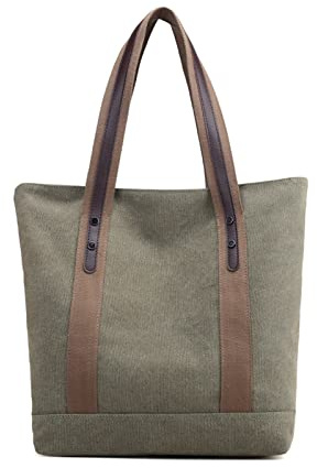 PORRASSO Damen Schultertasche Groß Canvas Handtasche Mode Tote Henkeltasche für Schule Arbeit Einkauf Alltag Reisen Grün