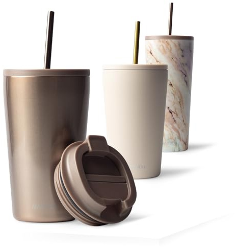 MAMEIDO Thermobecher mit Strohhalm 470 ml, Trinkbecher mit Deckel und Strohhalm aus Edelstahl doppelwandig isoliert, auslaufsicher, Coffee to go Becher (Rosé Quartz)