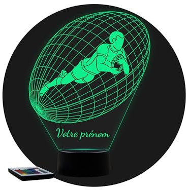 JNB-Maker Lampe 3D Rugby Essai Personnalisable – Veilleuse LED 16 Couleurs avec Télécommande – Gravure Laser Haute Précision – Décoration Sportive & Supporter – Fabriqué en France