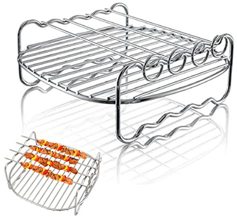 Darryy Airfryer Skewer Rack 17 * 17 * 7cm, Airfryer Zubehör, für Heißluftfritteusen, Heißluftfritteuse Zubehör, Rostfreier Stahl, Zubehör für Heißluftfritteusen, Zwei Schichten, mit Backstift