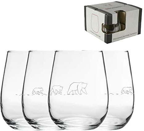 Copas de vino sin tallo con patrón de oso grabado, juego de cuatro copas Gaia de 360 ml, grabadas con láser en el Reino Unido, regalo para ella, regalo para mamá, abuela, día de la madre, cumpleaños