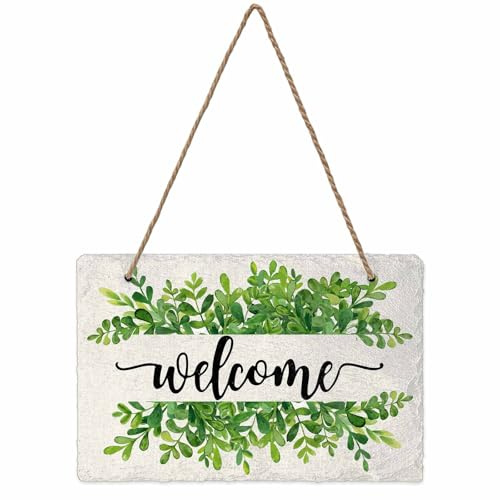 EwdeWwo Summer Welcome Wall Hanging Sign- Welcome Watercolor Leaves Slate Hanging Plaques for Front Door Porch Window Farmhouse Garden 5.1 x 7.9 Wall Home Decor
