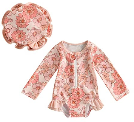 XIXIMAON Traje de baño recién nacido bebé niña 1 pieza mono manga larga anti-UV traje de baño natación y sombrero de sol, Naranja Floral, 12-18 Meses