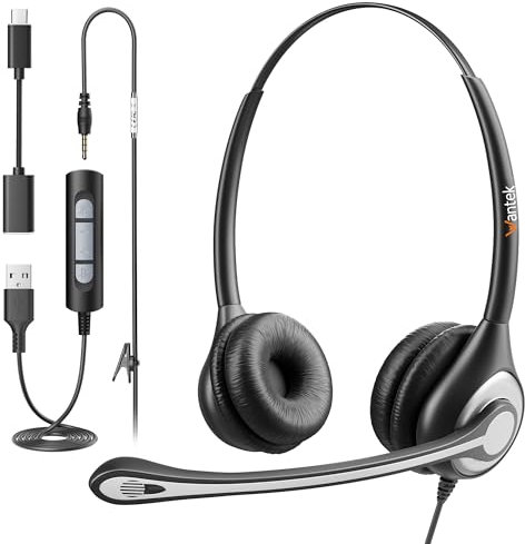 Wantek PC-Headset mit Mikrofon,USB/3,5-mm/Type-c-Anschluss 3 In-1 USB Headset, Kabelgebundene & Rauschunterdrückung und Lautstärkeregelung für Call Center/Skype/Zoom/Home Office/Online-Kurse,Binaural