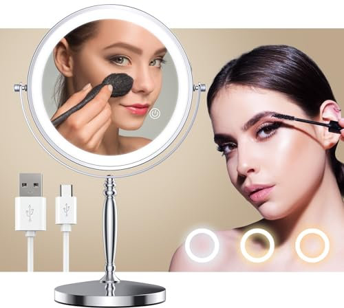 MATEPROX 8 Pollici Specchio da Trucco con Luci, Doppio Lato 1X 10X Ingrandimento, Specchio da Trucco Girevole con 3 Colori di Illuminazione, Sensore Touch e Regolazione della Luminosità-Argento
