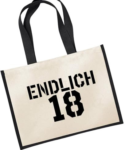 Huuraa Jutetasche Endlich 18 Schriftzug Geschenk 21 Liter Black Jute und Baumwolle Einkaufstasche Endlich 18 Geschenkidee