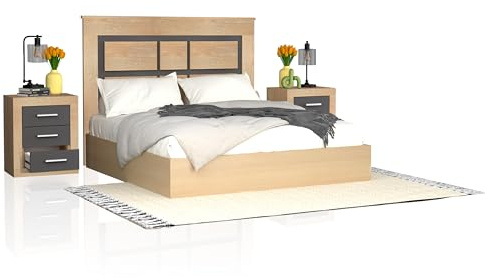 duehome | Pack Cabecero y 2 Mesitas de Noche, Dormitorio Doble, Dormitorio Completo, Modelo Kira, Acabado en Cambria y Grafito