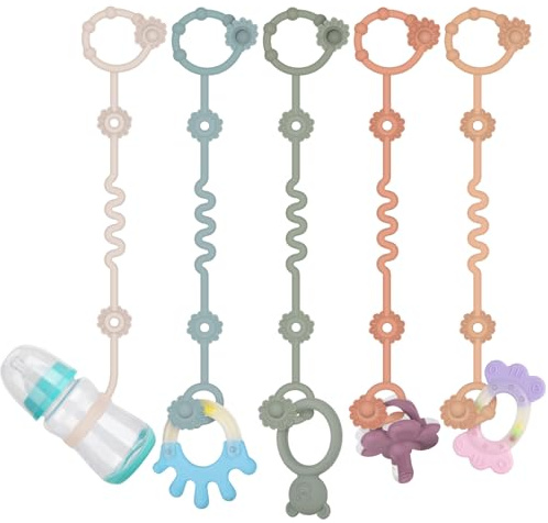 Baby Cup Catcher, Spielzeug Schnullerkette Silikon, BPA-frei Sicherheitsgurte für Spielzeug, Trinkbecher Halteriemen für Kinderwagen Hochstuhl Autositz 5 Pack (Sage+Ether+Muted+Apricot+Light grey)