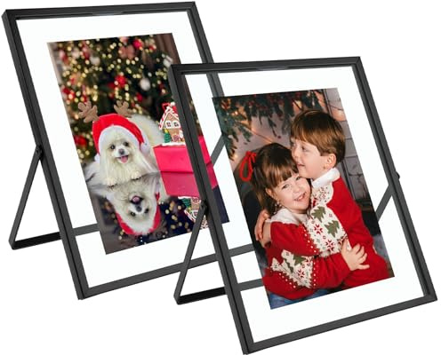 Golden State Art, 2 Pack, 8x10 Inch Metal Picture Frames, Floating Display for 7x9, 6x8 Photos, with Real Glass and Pull-Out Easel Stand for Tabletop Display (Vertical) - Matte Black