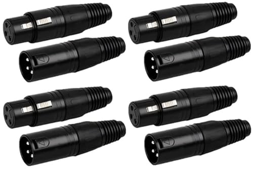 Greluma 8 Stk 3-polige XLR-Anschlüsse, 4 Paar XLR-Stecker/Buchsen, Mikrofonkabelstecker, Mikrofon-Audiobuchse, schwarzes Gehäuse
