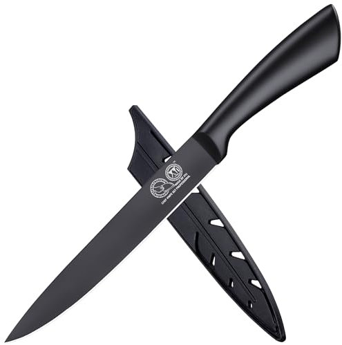 XYJ Coltello da cucina, 8 pollici nero in acciaio inox Brisket coltello, coltello da chef professionale, intaglio disossare carne Cleaver BBQ coltello con impugnatura ergonomica, fodero di plastica