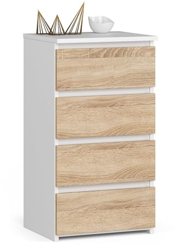 Kommode mit 4 Schubladen Kommode Schlafzimmer Flur Wohnzimmer Organizer Kommode mit Schubladen 40 cm breit 74 cm hoch | weiß-sonoma Eiche Highboard Sideboard Mehrzweckschrank Schrank schmal