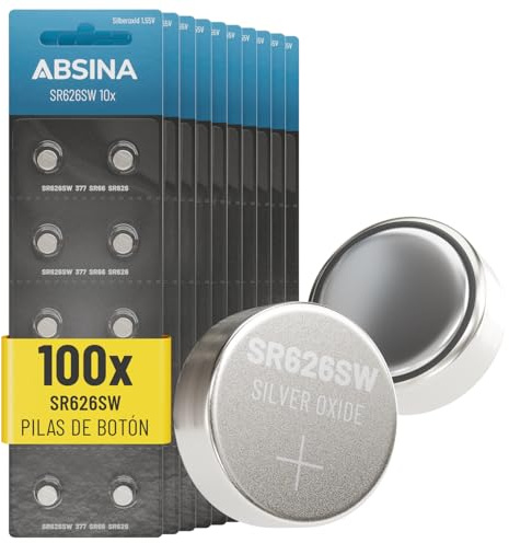 ABSINA 100er Pack SR626SW Uhrenbatterie 1,55V Silberoxid - 377 SR66 626 AG4 | Knopfzellen SR626SW auslaufsicher & lange Haltbarkeit - Batterie SR 626 SW - Uhrenbatterien Knopfzelle