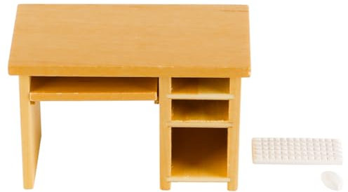 FONGKNOX Dollhouse Computer Desk 1/12 Scale Miniature Furniture Wooden Computer Desk with Mouse for Doll House Decoration Mini House Accessories