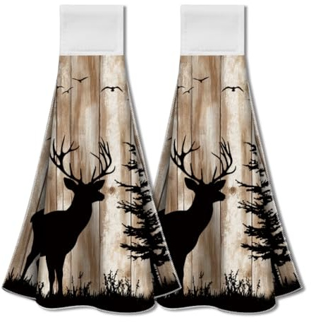 WADORN Set di 2 asciugamano Da Cucina Forest Deer, Asciugamano Vintage con Animali Selvatici, con Gancio Ad Anello, Assorbente, Da Appendere, Asciugamano Da Cucina, Strofinaccio Da 31.5x34.5cm