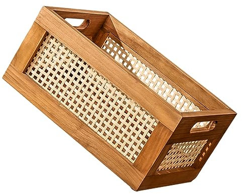 Vintage Solid Wood Bamboo Rattan Storage Box for Snacks Utensils and Dirty Clothes Handwoven Woodchip Basket with Garlic Keeper and Food Weaving Design