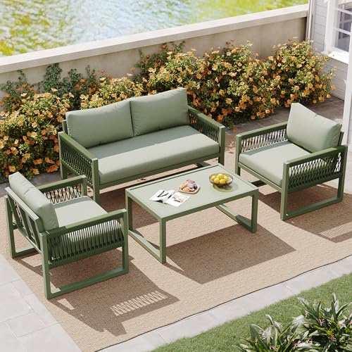 MOBETTRES Garten-Lounge-Set mit verzinktem Eisenrahmen, Gartenmöbel-Set aus Seil, Lounge-Set aus khakifarbenem Seil mit Sitzkissen, verstellbaren Füßen, glatter Glasplatte, 4er-Set (Grün)