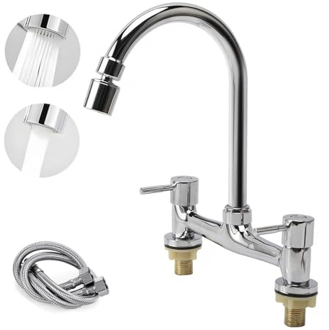 Rehomy Kitchen Mixer Tap with 2 Function Aerator, Kitchen Sink Faucet with 2 x 60CM Cold and Hot Pipes, 2 Hole Sink Mixer Taps Dual Levers Faucet with 360° Swivel Spout, Deck Mounted