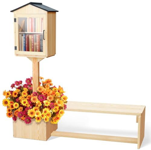 Wonderjune 3-in-1 Little Library Box Outdoor with Bench & Planter, Wood