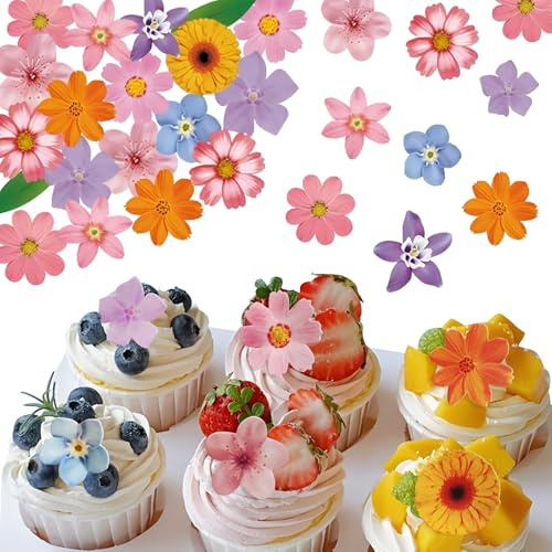 Set of 60 Edible Flowers & Leaves Cupcake Toppers Wedding Cake Party Food Decoration Assorted Blossoms and Greenery, Cupcake Toppers, Icing Decor for Birthday Cakes, Cookies, and Desserts